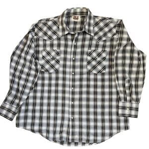 Vtg Ely Cattleman Pearl Snap Cowboy Shirt Xl Black White Yellow Check Western
